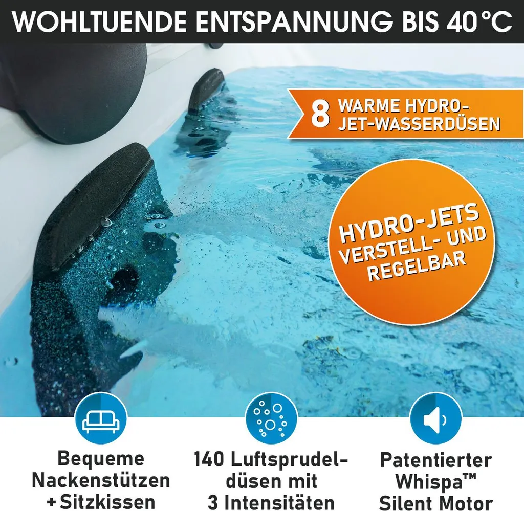 BRAST Whirlpool MSpa Amber Aero Plus mit Fester Außenwand | 180x180x65cm für 6 Personen | 140 Massagedüsen | LED-Beleuchtung in 20 Farben – Bild 6