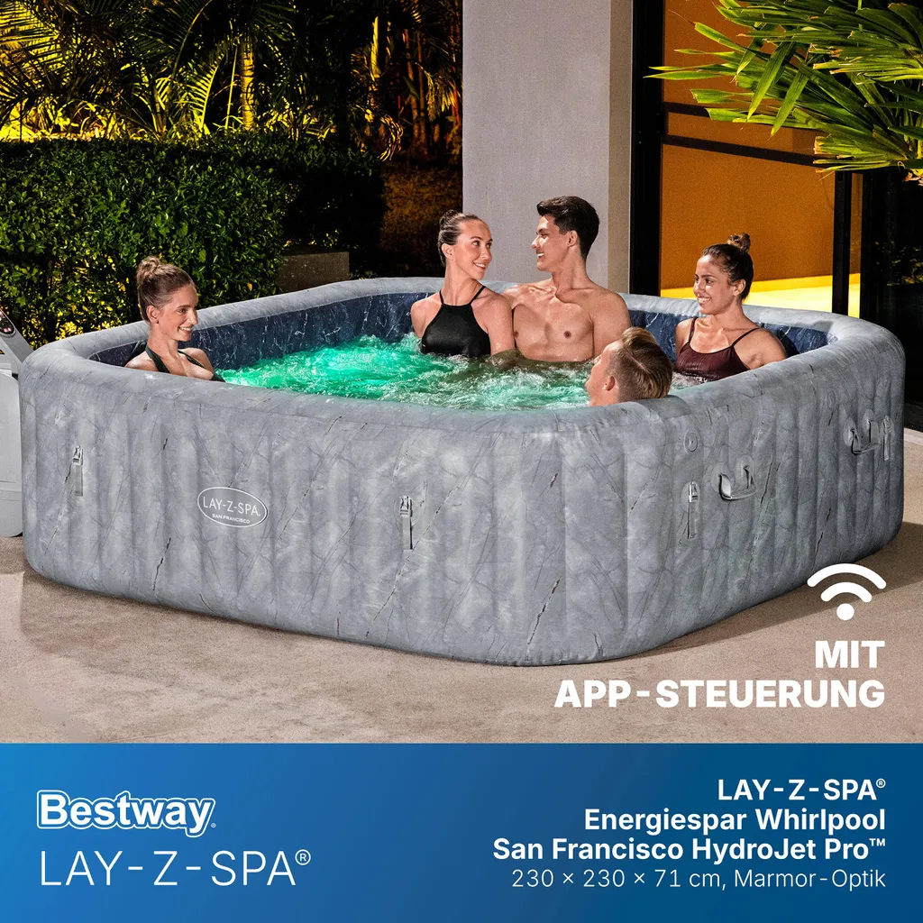 Bestway® LAY-Z-SPA® Energiespar-Whirlpool San Francisco HydroJet Pro™ mit App-Steuerung, für 7 Personen 230 x 230 x 71 cm, Marmor-Optik (Samtgrau)