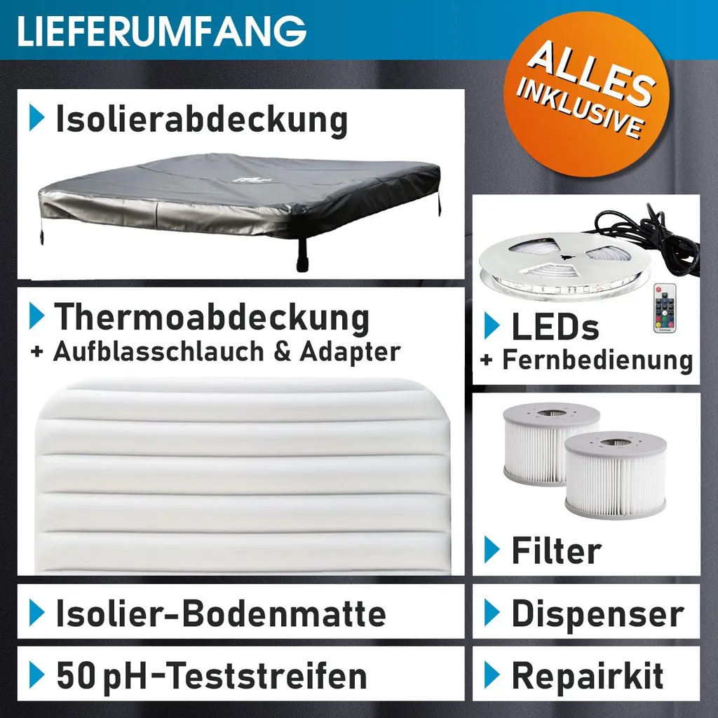BRAST Whirlpool MSpa Amber Aero Plus mit Fester Außenwand | 180x180x65cm für 6 Personen | 140 Massagedüsen | LED-Beleuchtung in 20 Farben – Bild 9