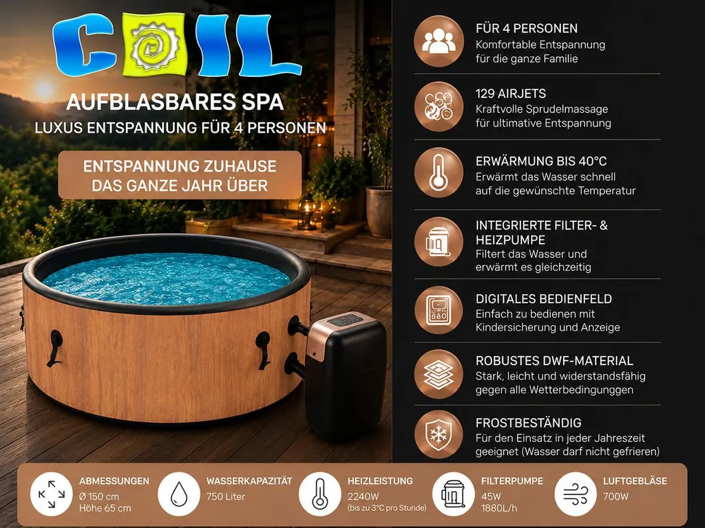 COIL Whirlpool SPA Aufblasbar, Schwimmbad mit Hydromassage, extra dünn, In- & Outdoor, 4 Personen, 150 cm, Tahiti – Bild 2