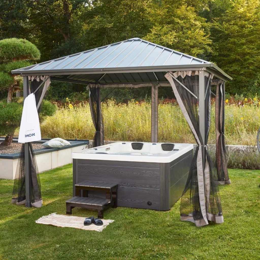 HOME DELUXE Outdoor Whirlpool White Marble Plus Treppe und Thermoabdeckung-Inkl. Heizung, 27 Massagedüsen und 9 Lichtquellen – Bild 2