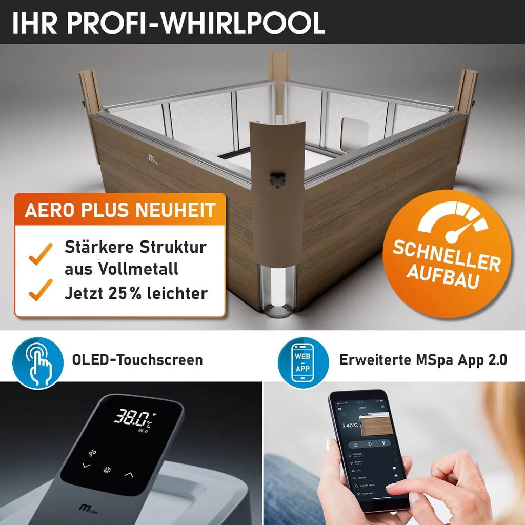 BRAST Whirlpool MSpa Amber Aero Plus mit Fester Außenwand | 180x180x65cm für 6 Personen | 140 Massagedüsen | LED-Beleuchtung in 20 Farben – Bild 8