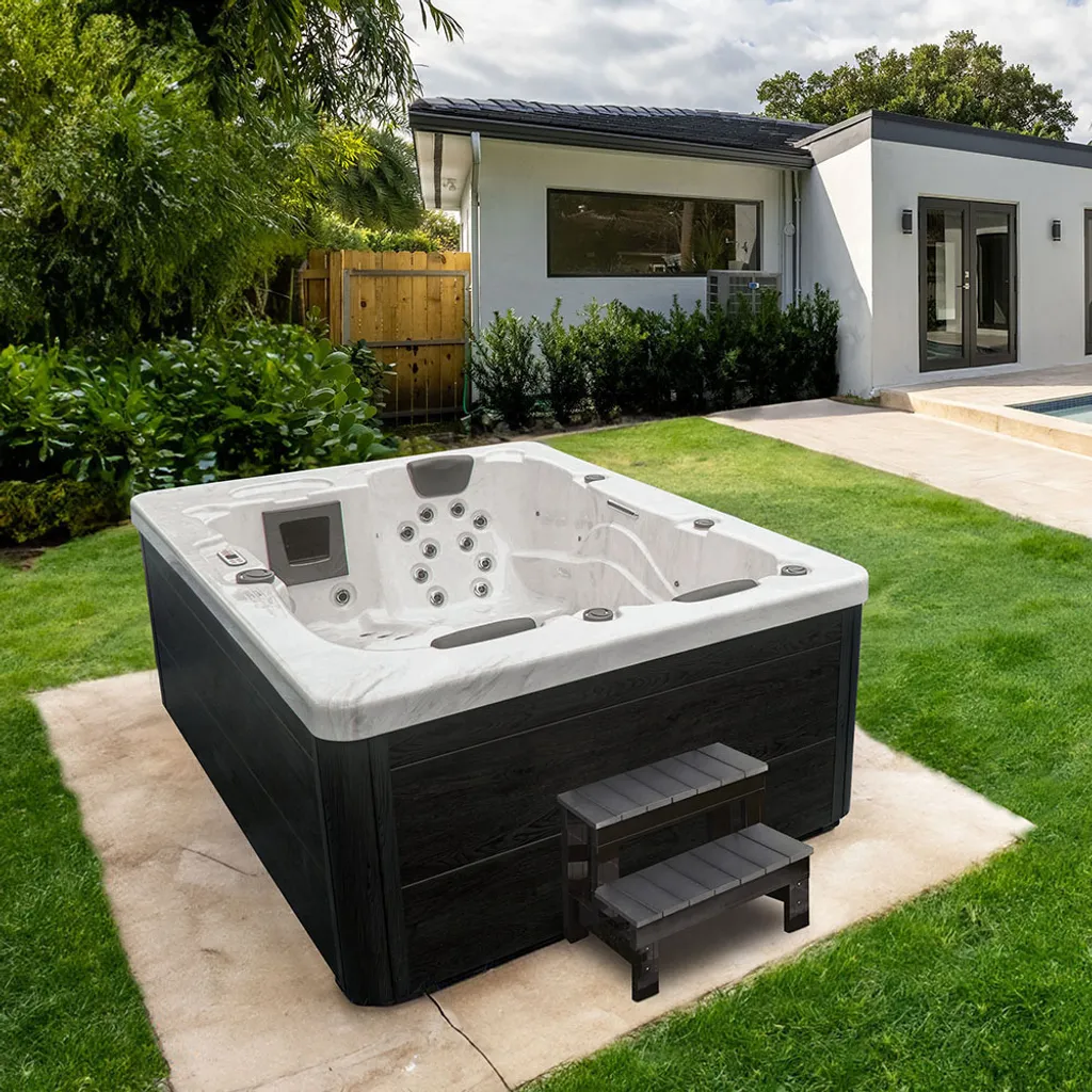 HOME DELUXE Outdoor Whirlpool White Marble Plus Treppe und Thermoabdeckung-Inkl. Heizung, 27 Massagedüsen und 9 Lichtquellen