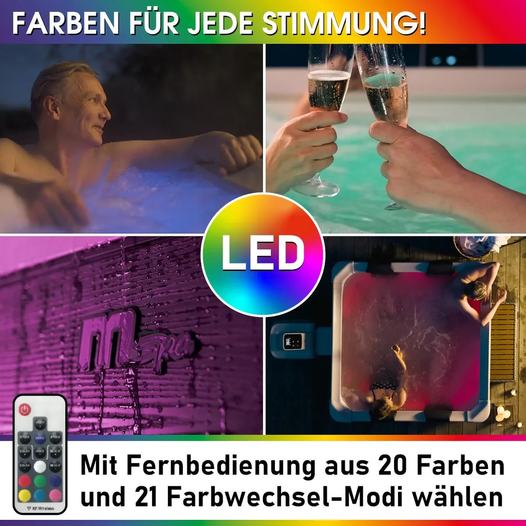 BRAST Whirlpool MSpa Amber Aero Plus mit Fester Außenwand | 180x180x65cm für 6 Personen | 140 Massagedüsen | LED-Beleuchtung in 20 Farben – Bild 7