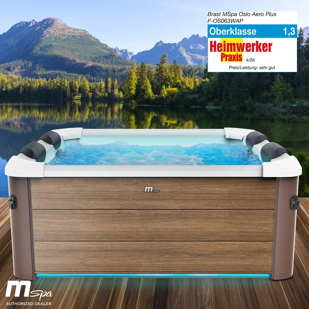 BRAST Whirlpool MSpa Amber Aero Plus mit Fester Außenwand | 180x180x65cm für 6 Personen | 140 Massagedüsen | LED-Beleuchtung in 20 Farben