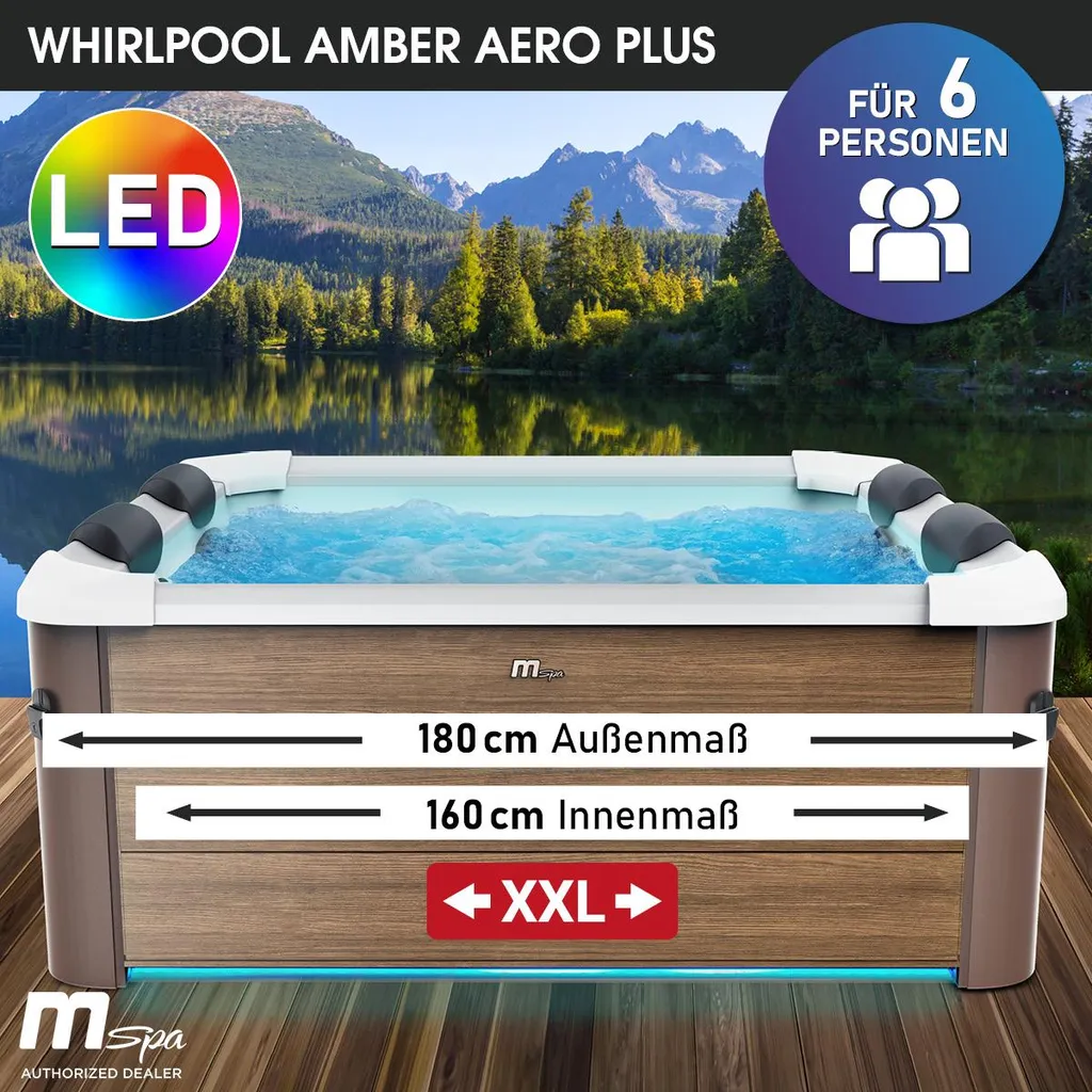 BRAST Whirlpool MSpa Amber Aero Plus mit Fester Außenwand | 180x180x65cm für 6 Personen | 140 Massagedüsen | LED-Beleuchtung in 20 Farben – Bild 3