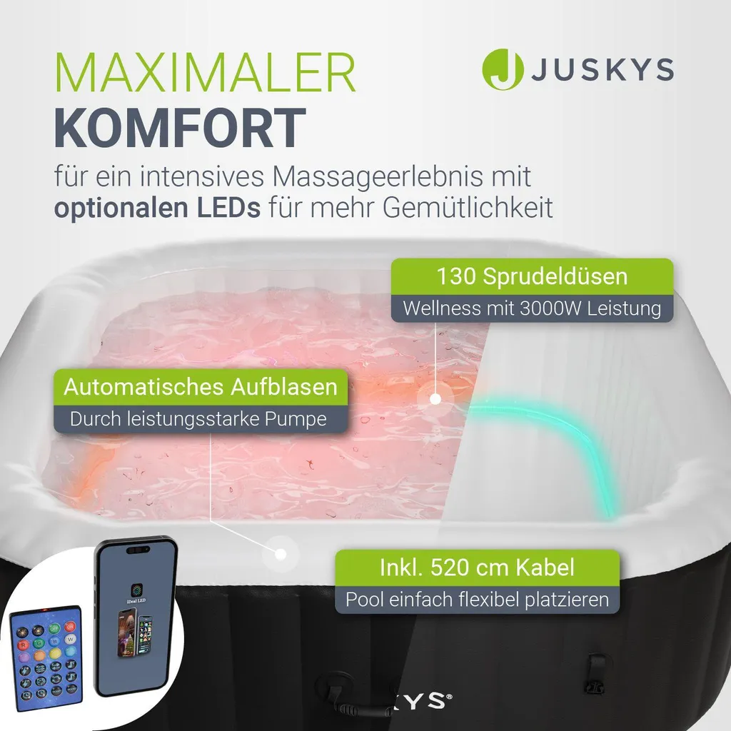 Juskys® Whirlpool SpaLuxe inkl. LED-Beleuchtung Schwarz/Weiß - 3000W, 130 Düsen, aufblasbar – Bild 7