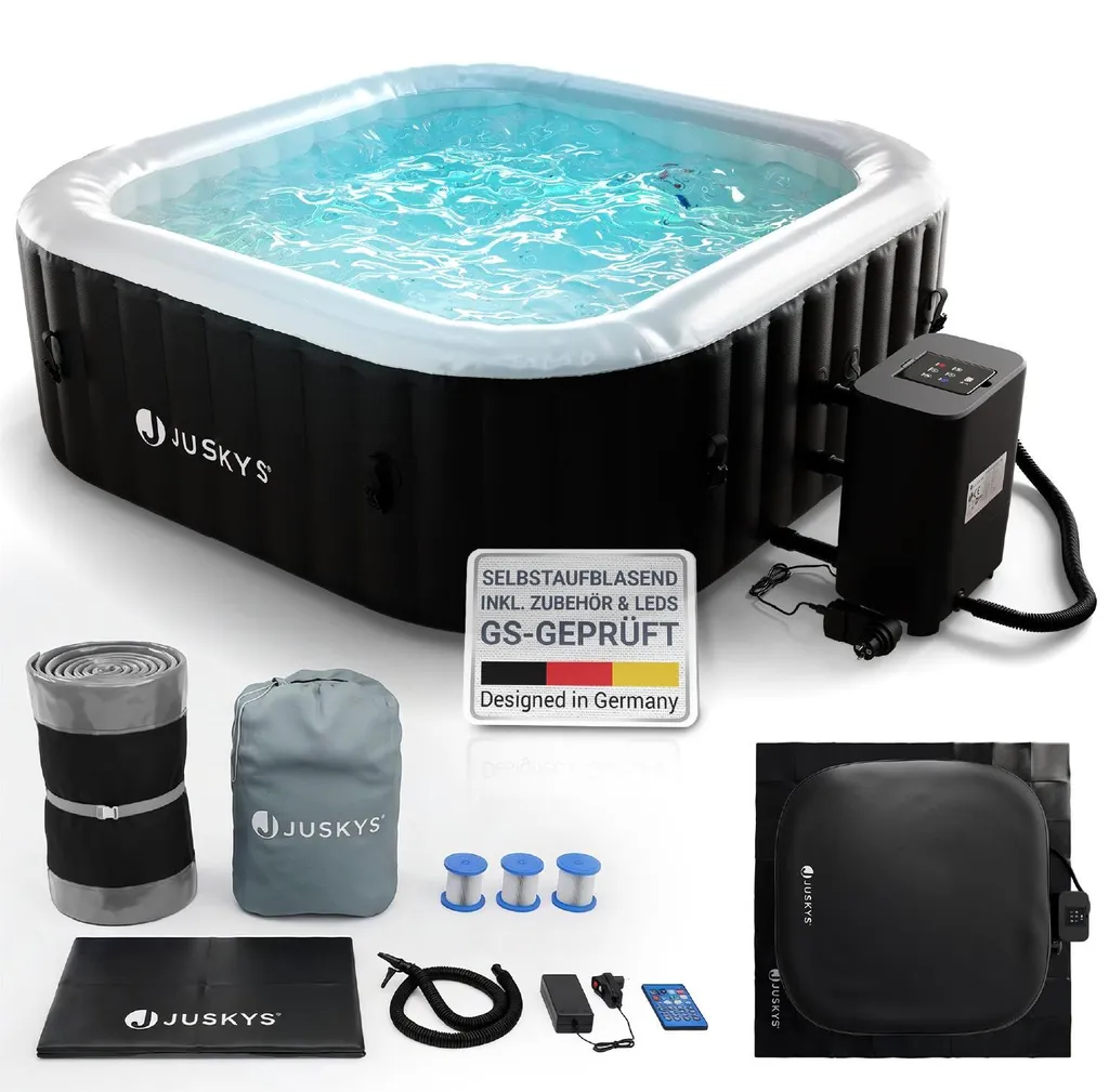 Juskys® Whirlpool SpaLuxe inkl. LED-Beleuchtung Schwarz/Weiß – 3000W, 130 Düsen, aufblasbar